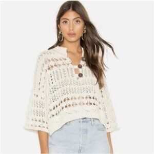 Free People Women's S/P Dreams Tonight Henley Sweater Open Knit Cropped Cream